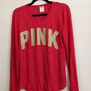 PINK Victoria's Secret Red and Gold Long Sleeve Sleepwear Tee